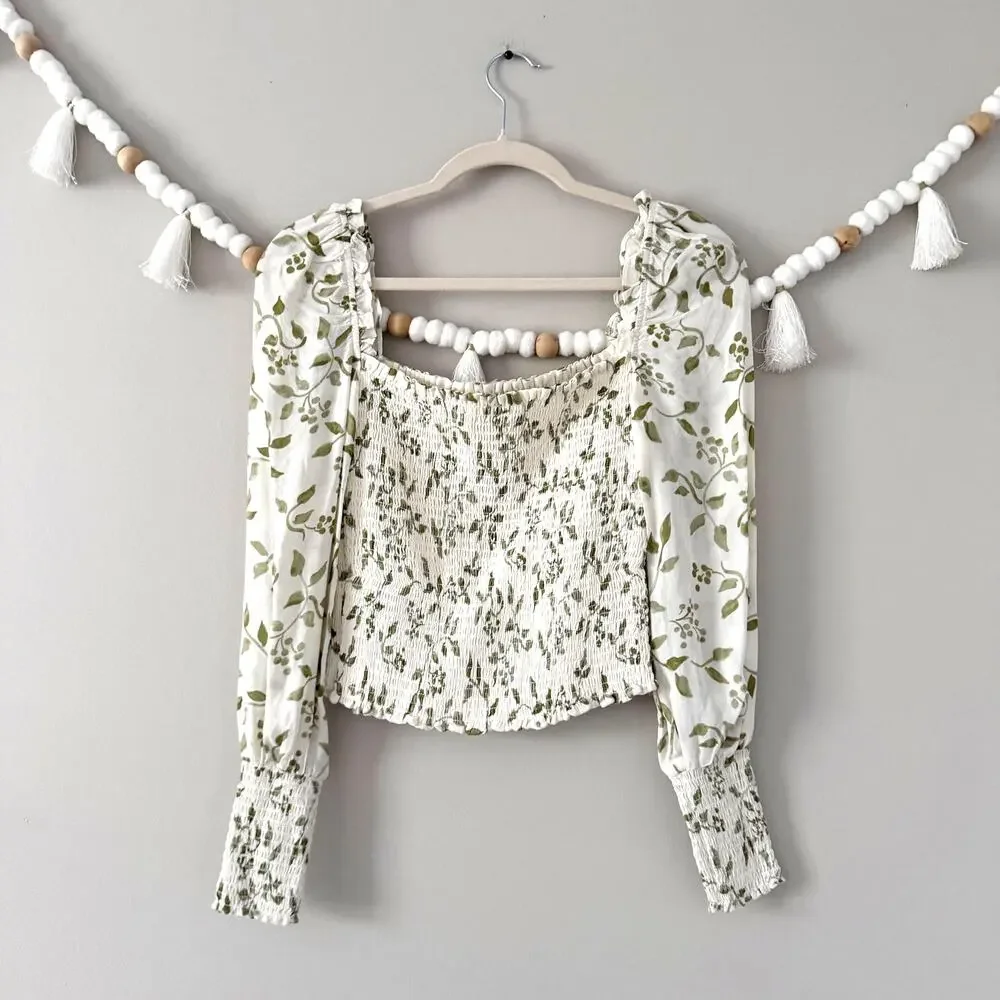 NWOT Reformation Pinto Smocked Blouse Cypress Puff Sleeve White Green Medium